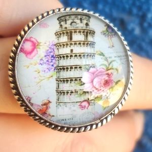 New Leaning Tower of Pisa 925 Silver Glass Ring.